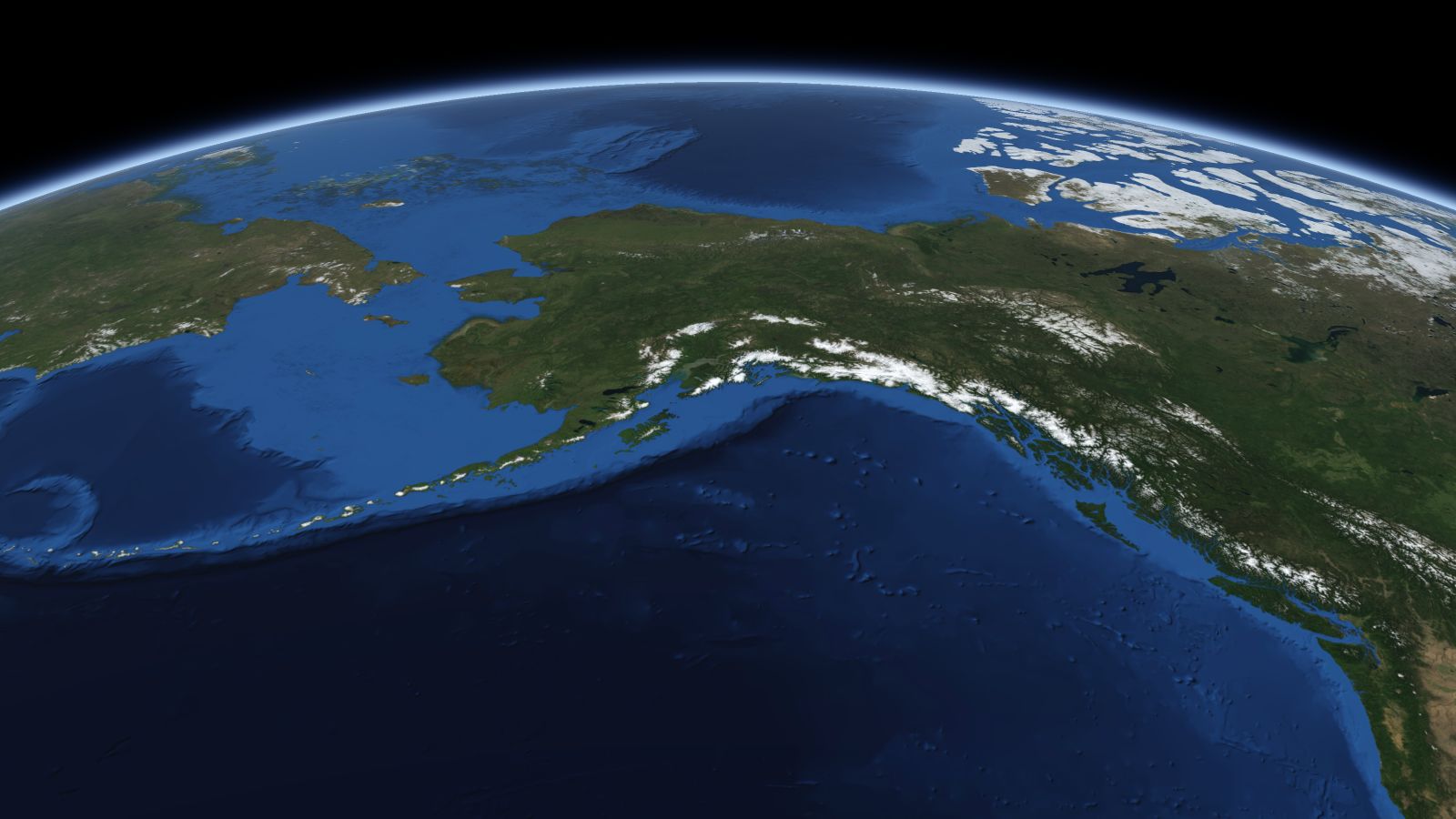 The curve of the Earth seen from orbit, with Anchorage ringed in amber near the middle of the picture.