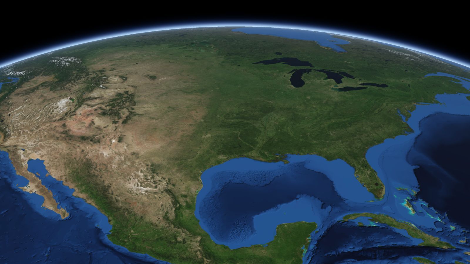 The curve of the Earth seen from orbit, with Fayetteville ringed in amber near the middle of the picture.