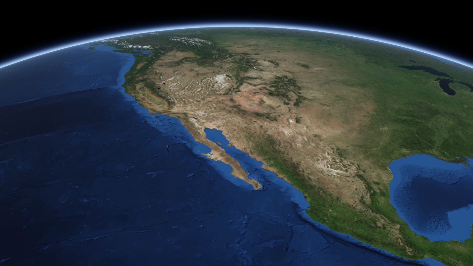 The curve of the Earth seen from orbit, with Mesa ringed in amber near the middle of the picture.