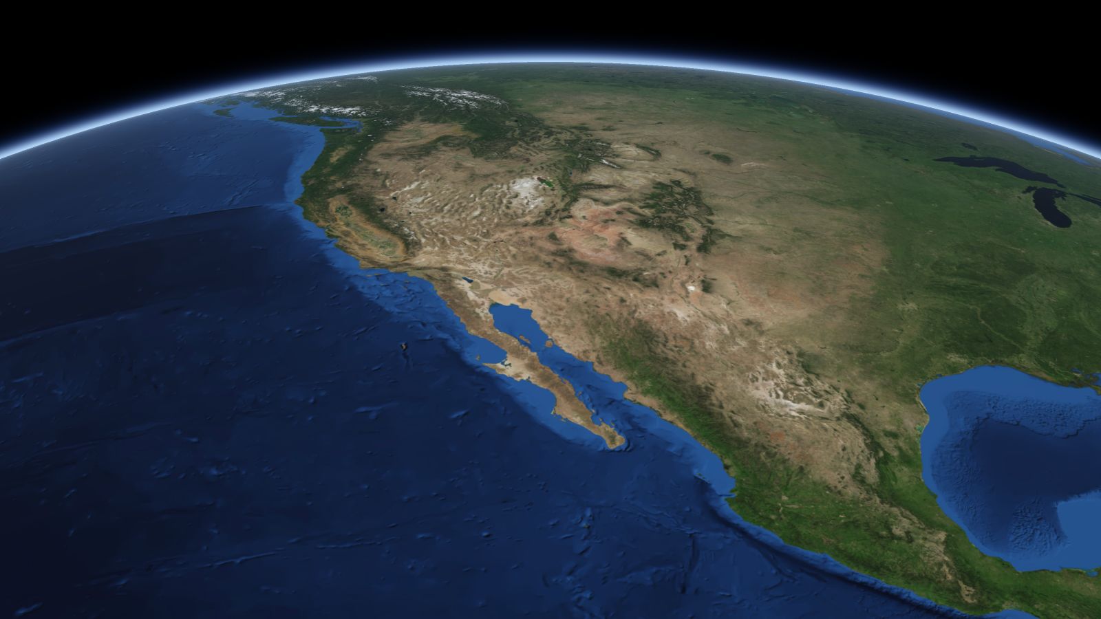 The curve of the Earth seen from orbit, with Peoria ringed in amber near the middle of the picture.