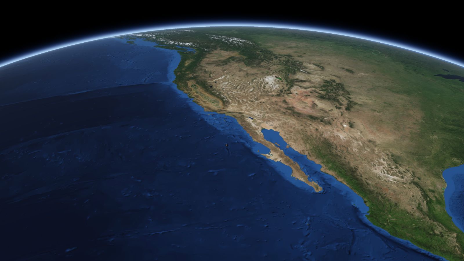 The curve of the Earth seen from orbit, with Anaheim ringed in amber near the middle of the picture.
