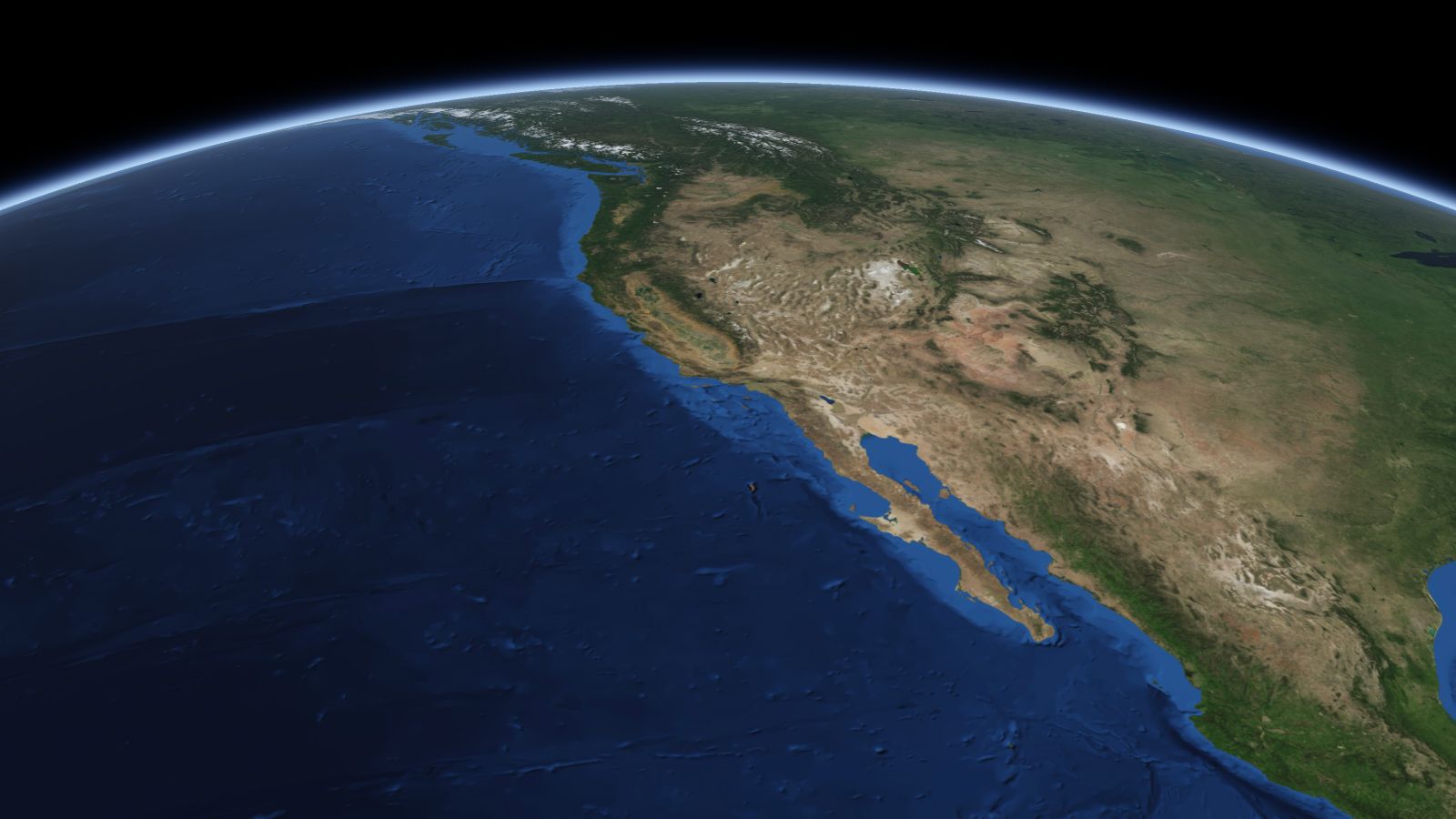 The curve of the Earth seen from orbit, with Bakersfield ringed in amber near the middle of the picture.