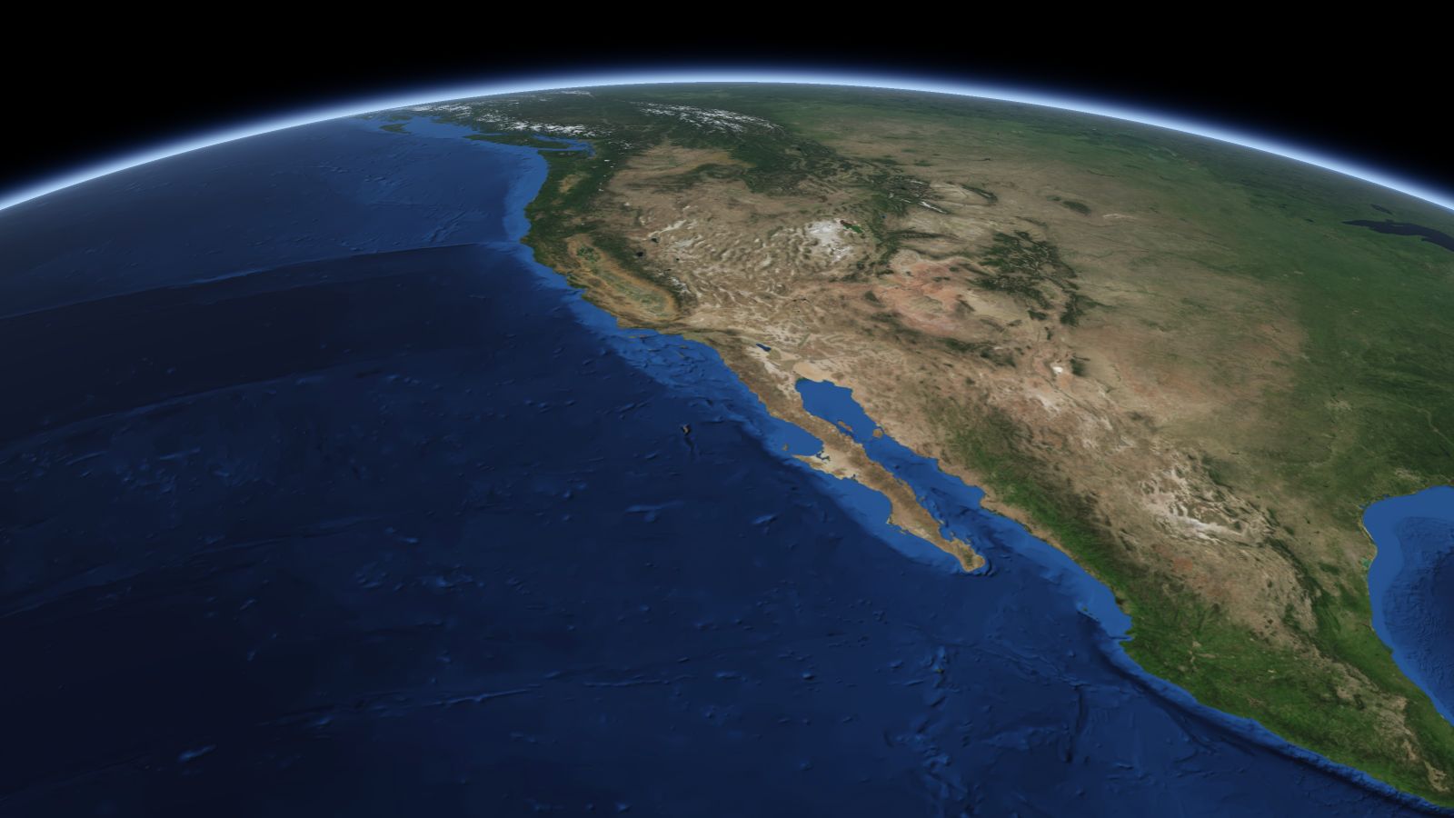 The curve of the Earth seen from orbit, with Chula Vista ringed in amber near the middle of the picture.
