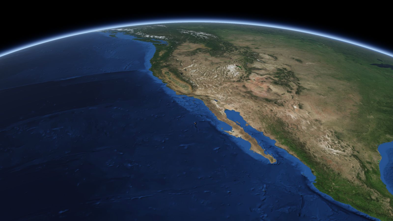 The curve of the Earth seen from orbit, with Downey ringed in amber near the middle of the picture.