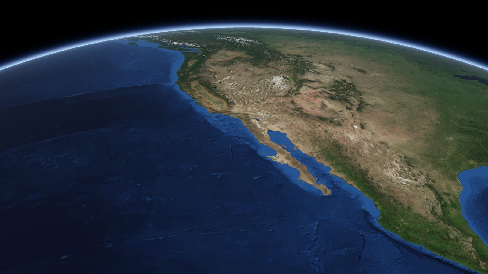 The curve of the Earth seen from orbit, with Escondido ringed in amber near the middle of the picture.