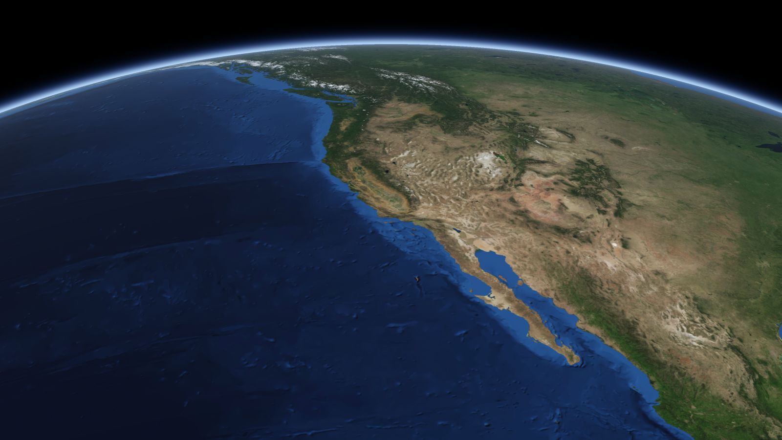 The curve of the Earth seen from orbit, with Fresno ringed in amber near the middle of the picture.