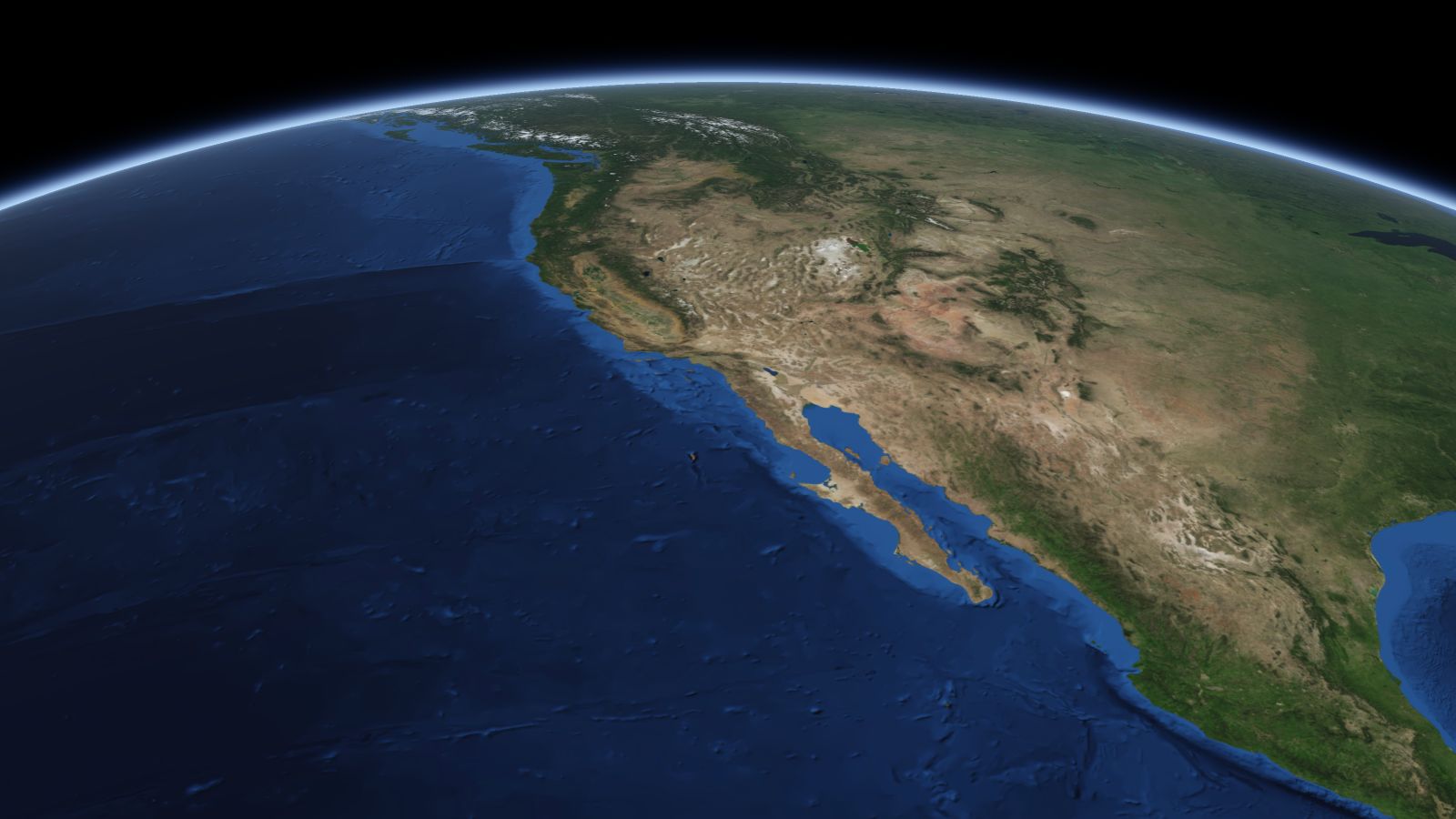 The curve of the Earth seen from orbit, with Moreno Valley ringed in amber near the middle of the picture.