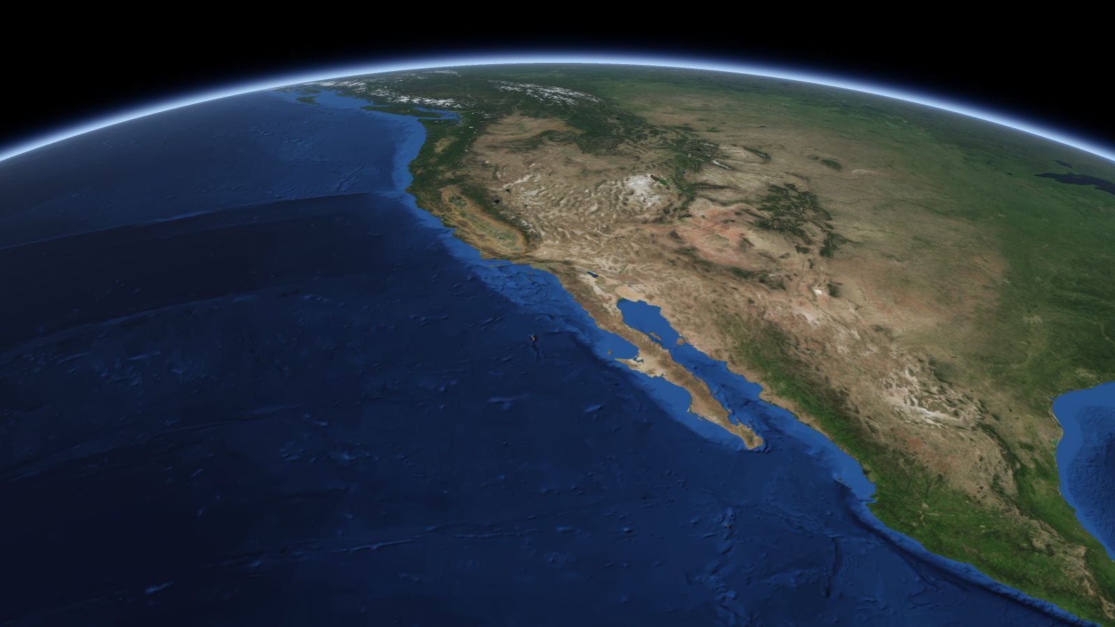 The curve of the Earth seen from orbit, with Oceanside ringed in amber near the middle of the picture.