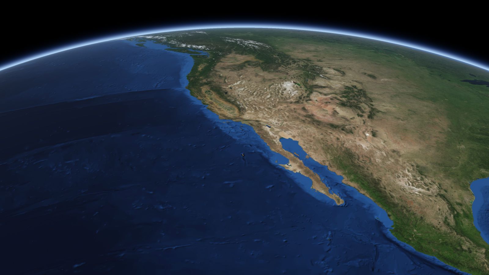 The curve of the Earth seen from orbit, with Pasadena ringed in amber near the middle of the picture.