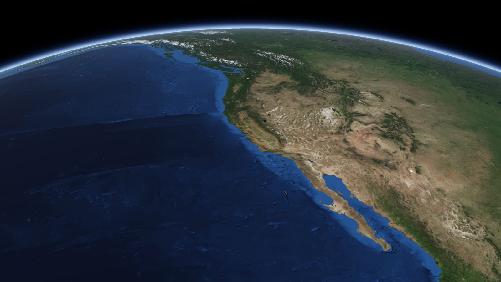 The curve of the Earth seen from orbit, with Sacramento ringed in amber near the middle of the picture.