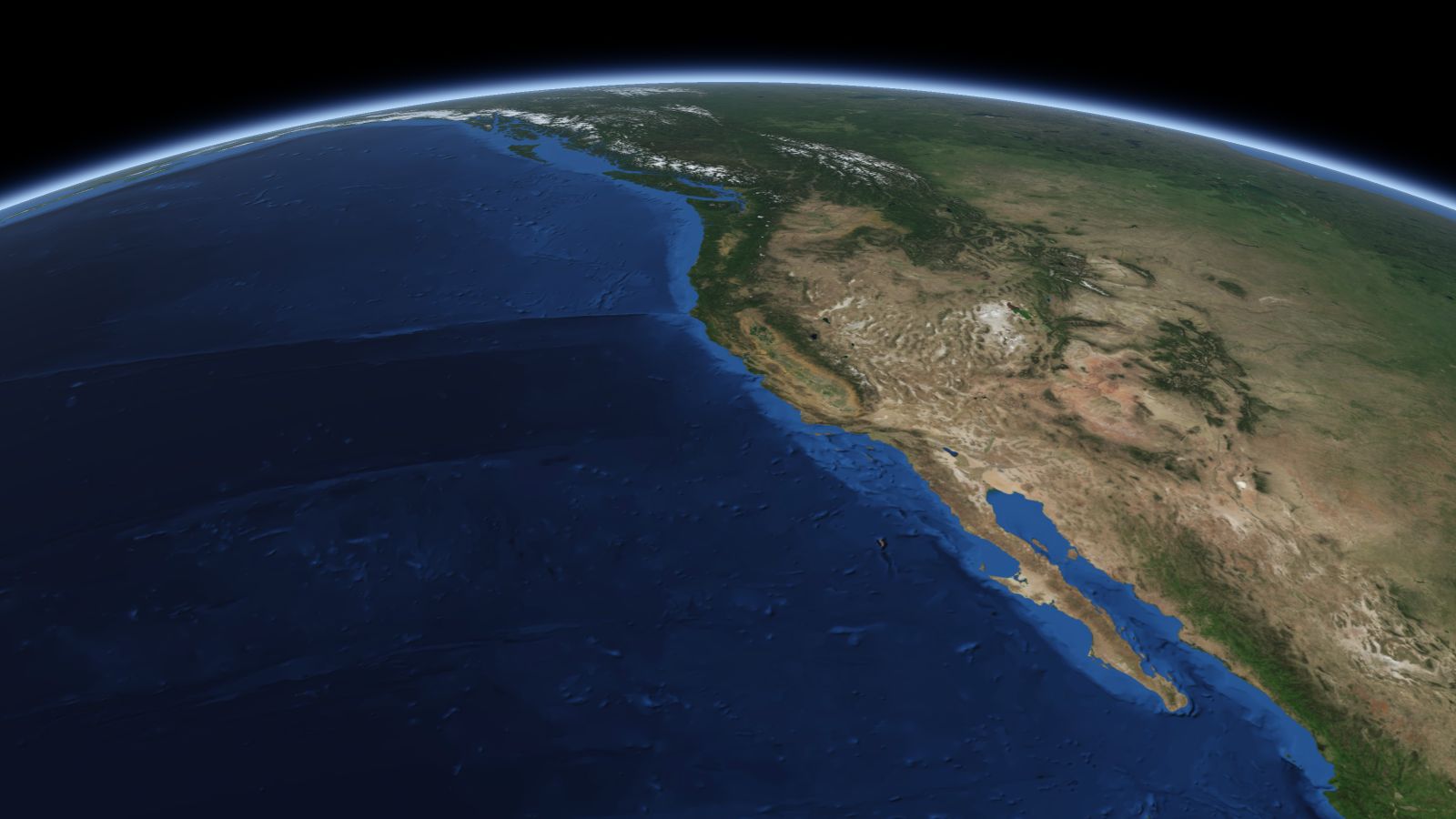 The curve of the Earth seen from orbit, with San Francisco ringed in amber near the middle of the picture.