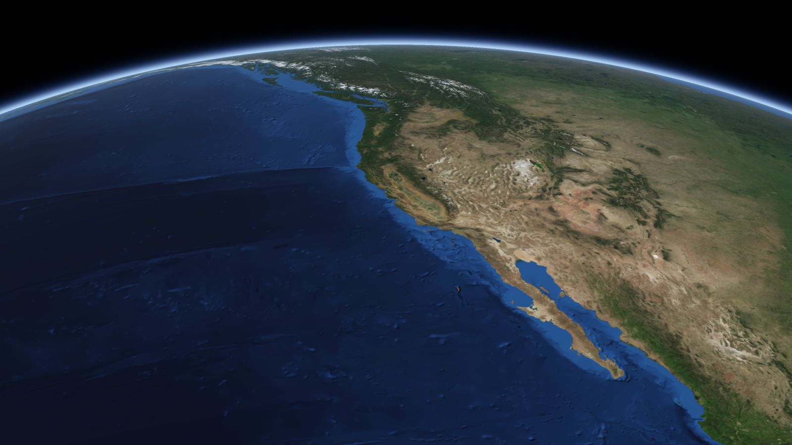 The curve of the Earth seen from orbit, with San Jose ringed in amber near the middle of the picture.