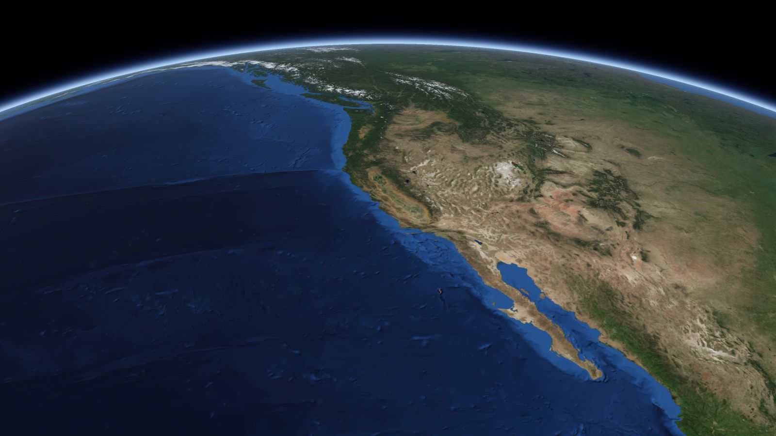 The curve of the Earth seen from orbit, with Stockton ringed in amber near the middle of the picture.