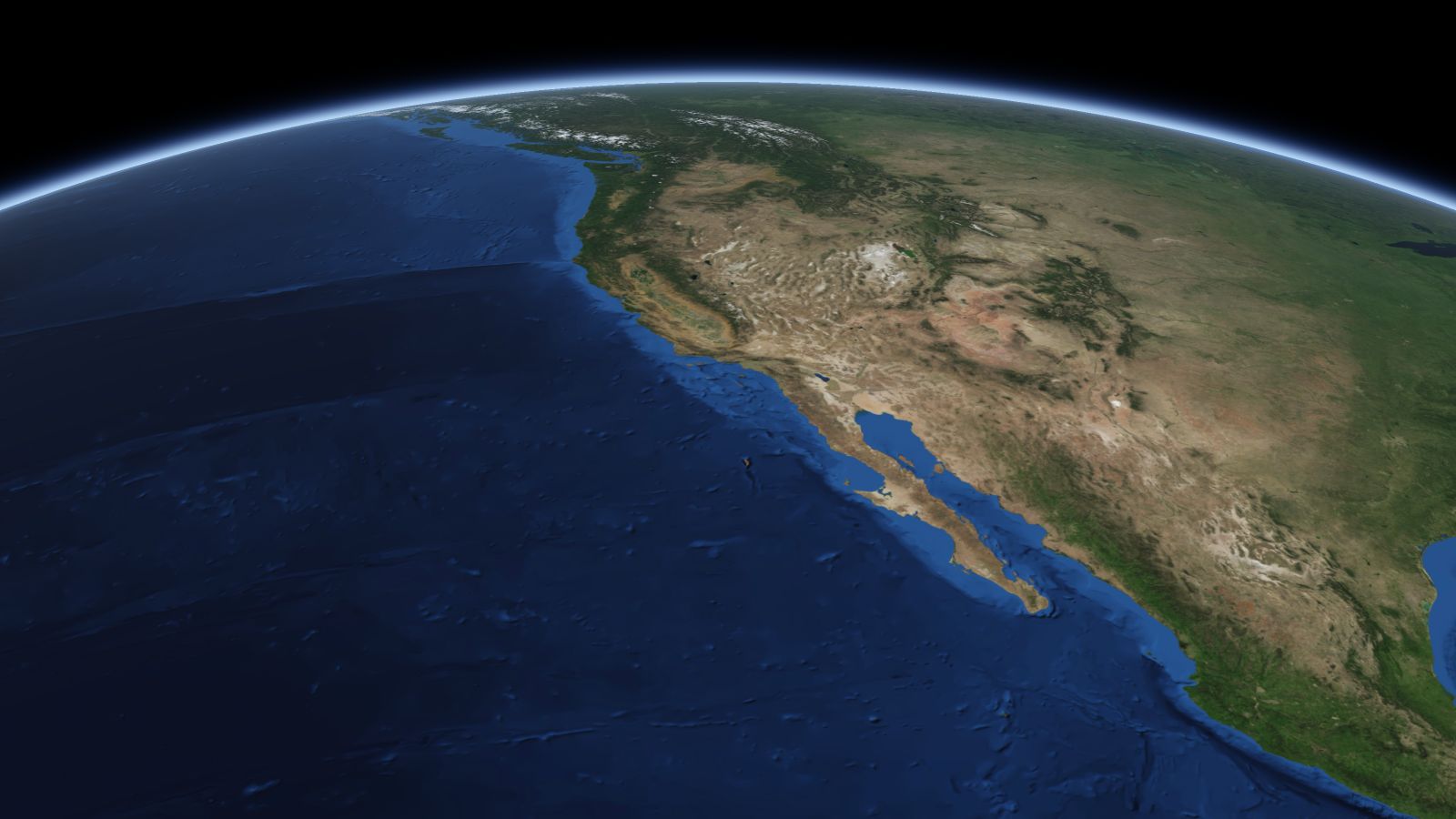 The curve of the Earth seen from orbit, with Thousand Oaks ringed in amber near the middle of the picture.