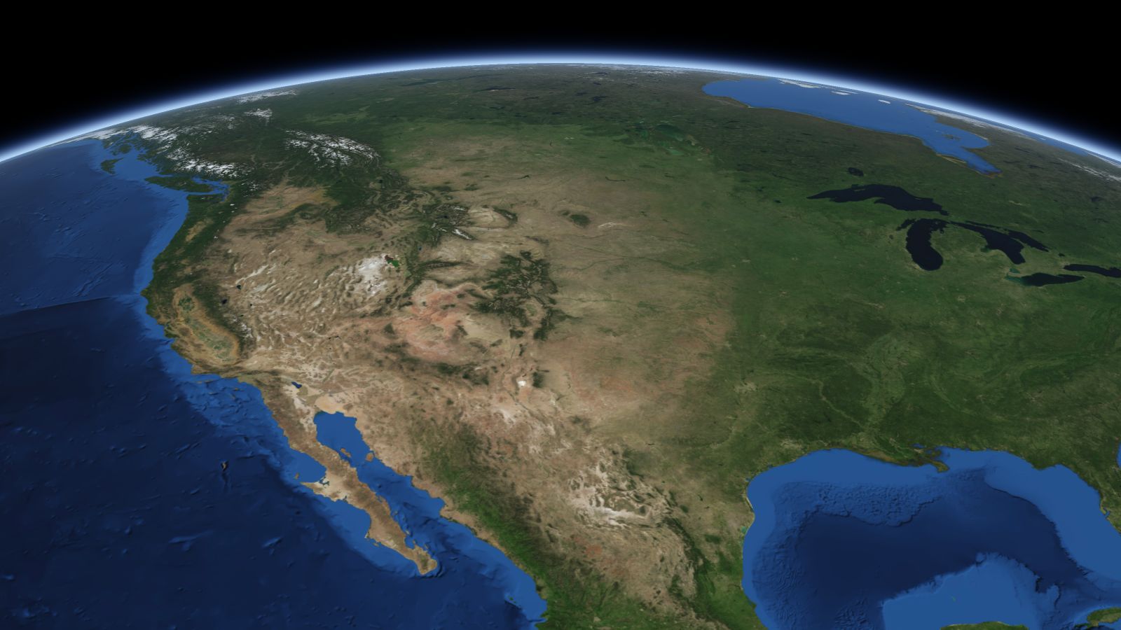 The curve of the Earth seen from orbit, with Aurora ringed in amber near the middle of the picture.