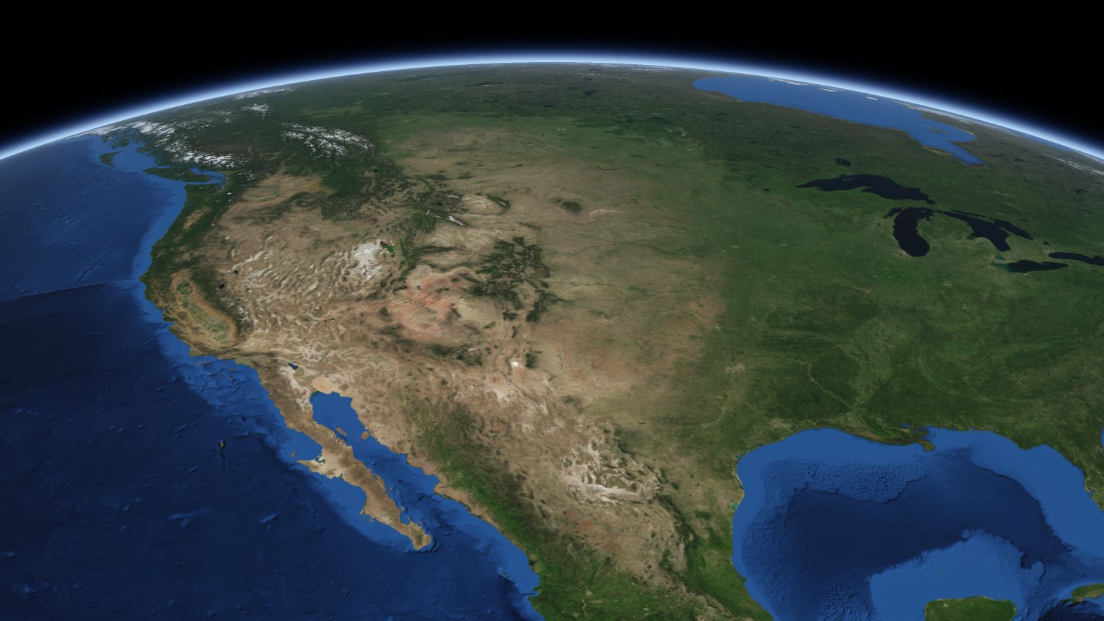 The curve of the Earth seen from orbit, with Colorado Springs ringed in amber near the middle of the picture.