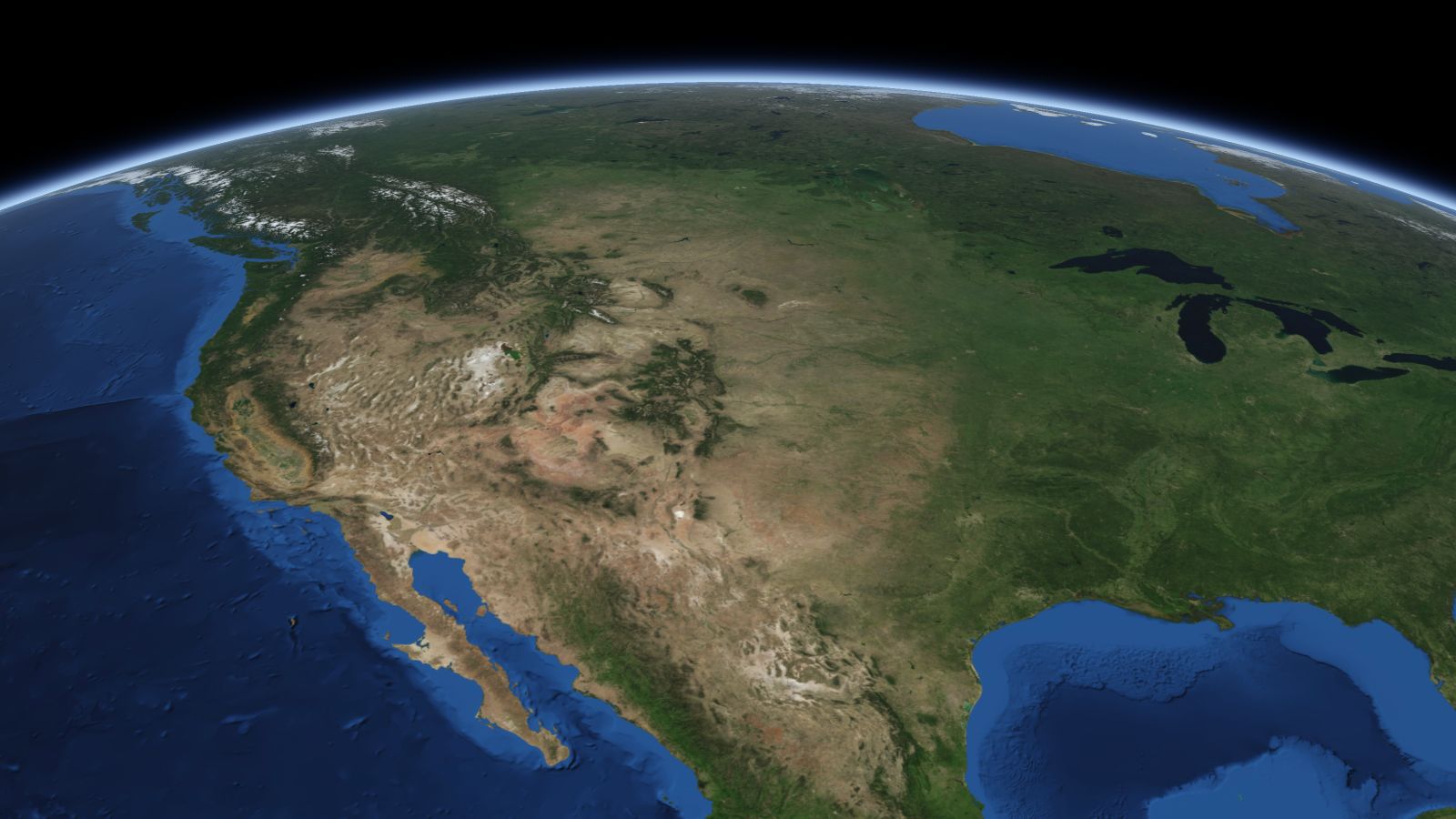 The curve of the Earth seen from orbit, with Greeley ringed in amber near the middle of the picture.