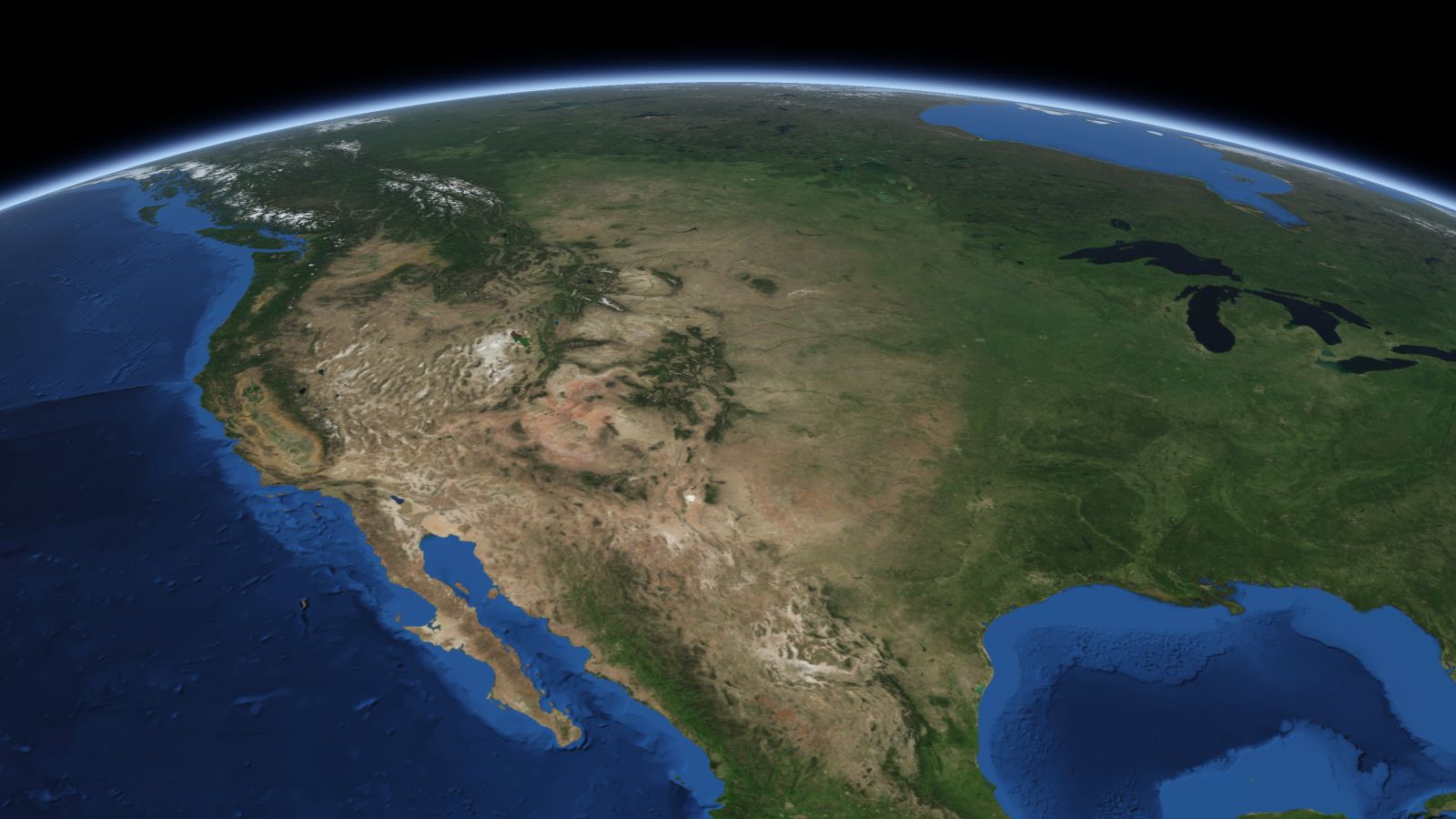 The curve of the Earth seen from orbit, with Lakewood ringed in amber near the middle of the picture.