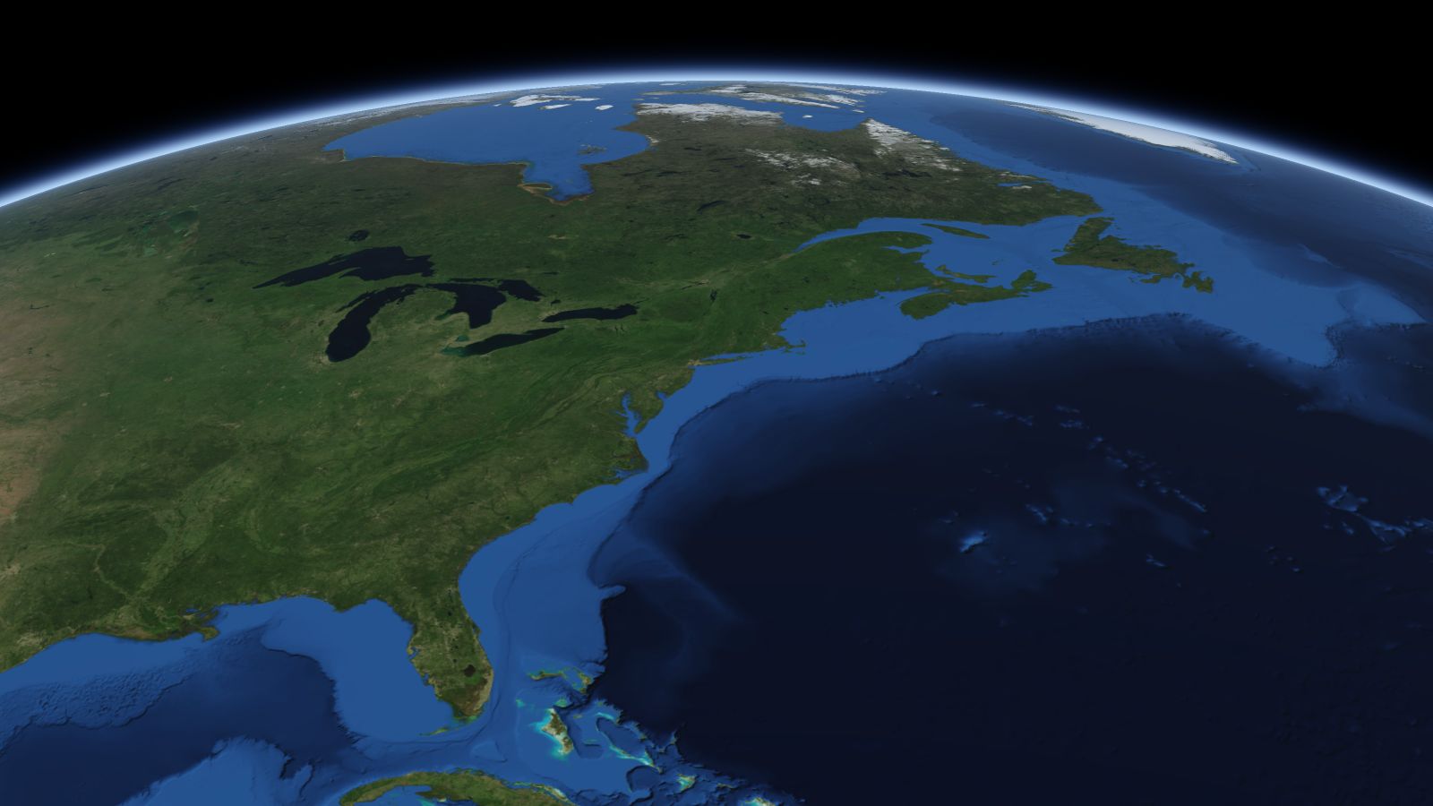 The curve of the Earth seen from orbit, with Bridgeport ringed in amber near the middle of the picture.