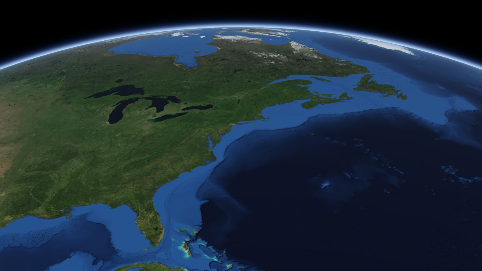 The curve of the Earth seen from orbit, with Waterbury ringed in amber near the middle of the picture.