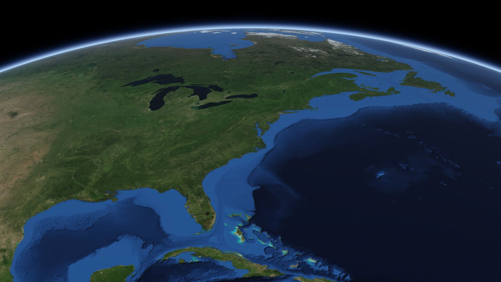 The curve of the Earth seen from orbit, with Washington ringed in amber near the middle of the picture.