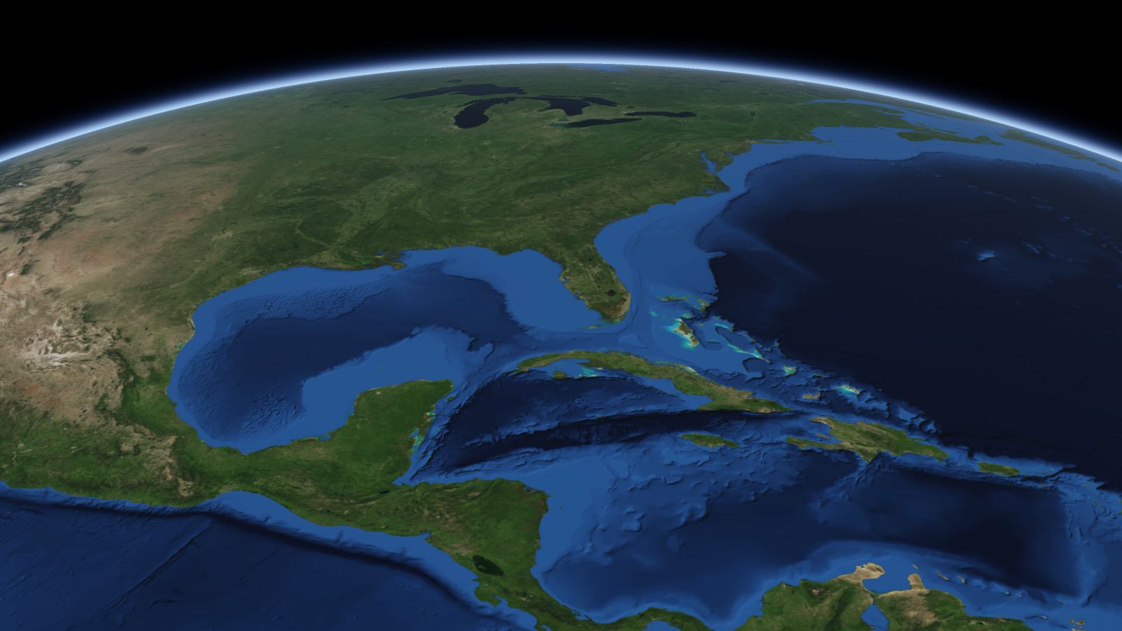 The curve of the Earth seen from orbit, with Clearwater ringed in amber near the middle of the picture.