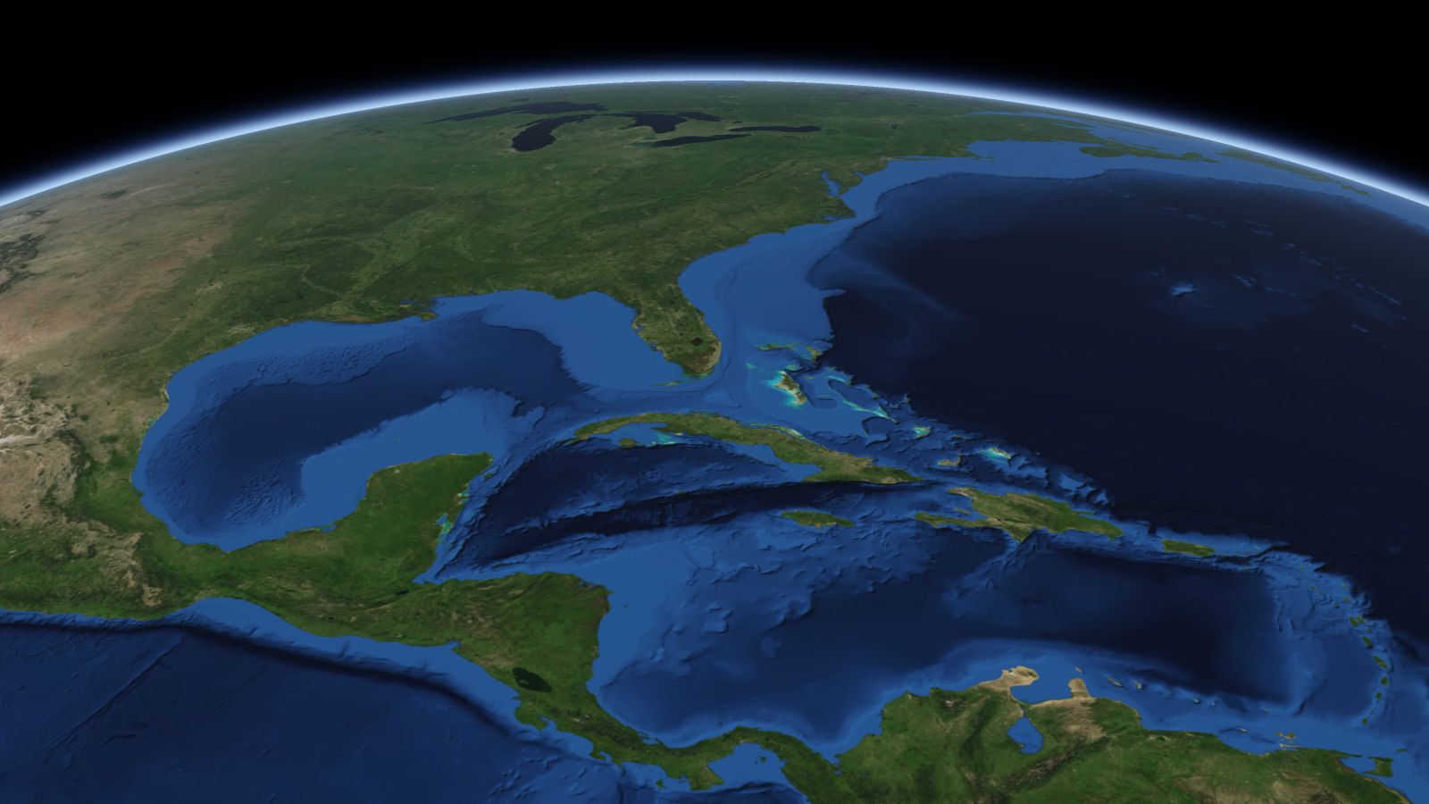 The curve of the Earth seen from orbit, with Coral Springs ringed in amber near the middle of the picture.