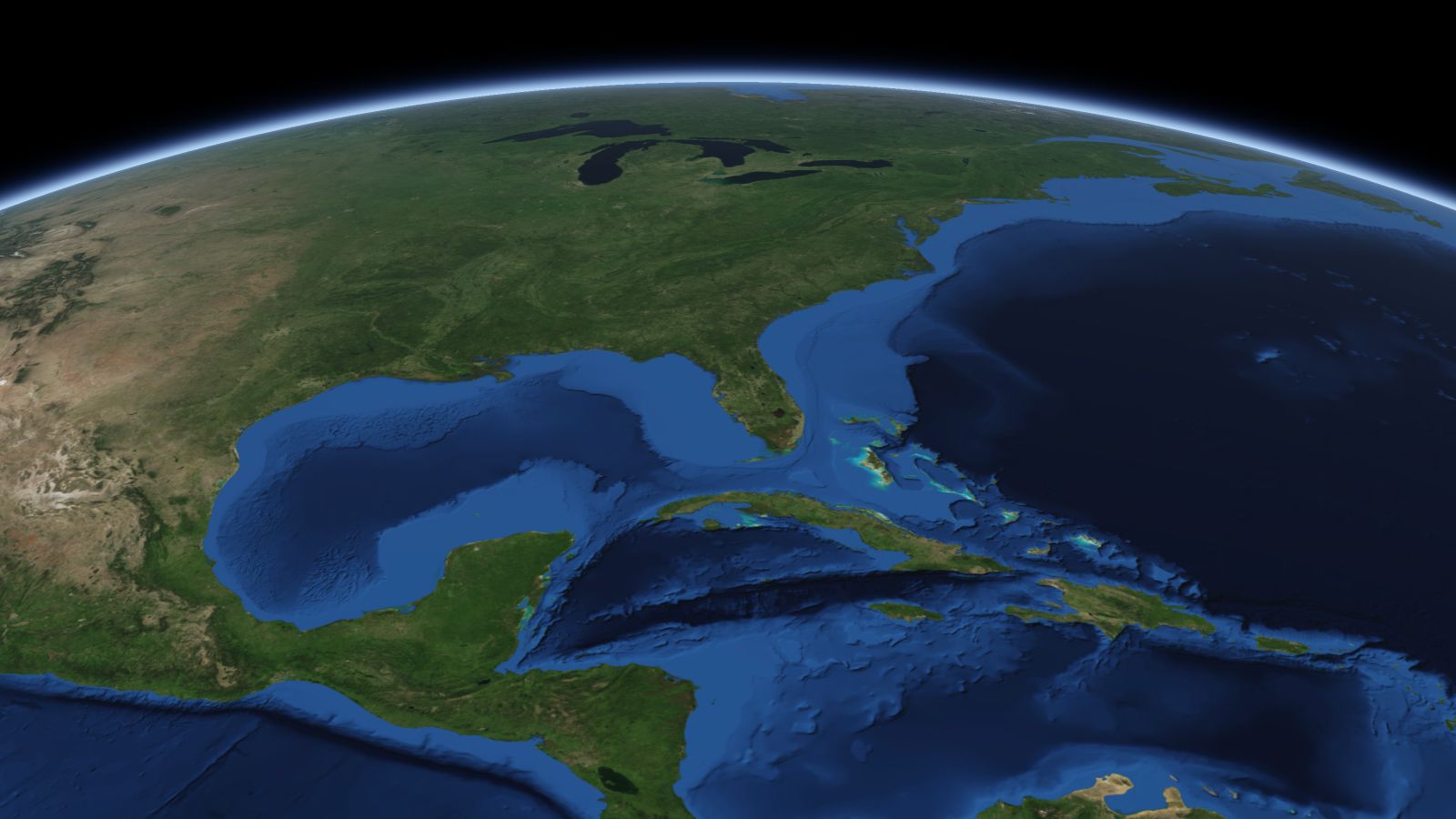 The curve of the Earth seen from orbit, with Gainesville ringed in amber near the middle of the picture.