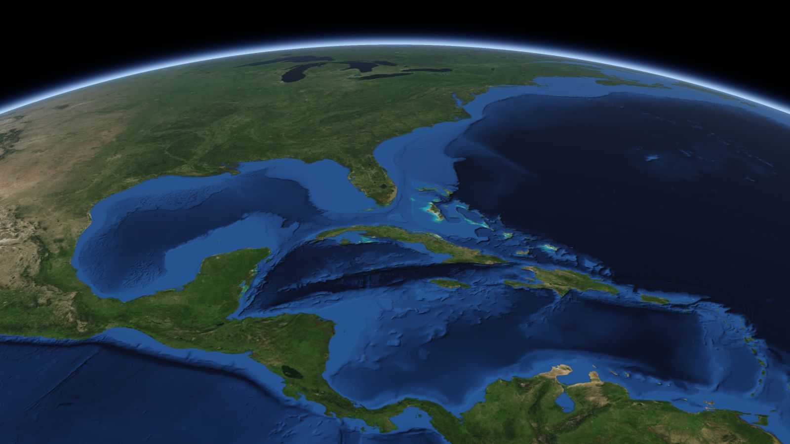 The curve of the Earth seen from orbit, with Hollywood ringed in amber near the middle of the picture.