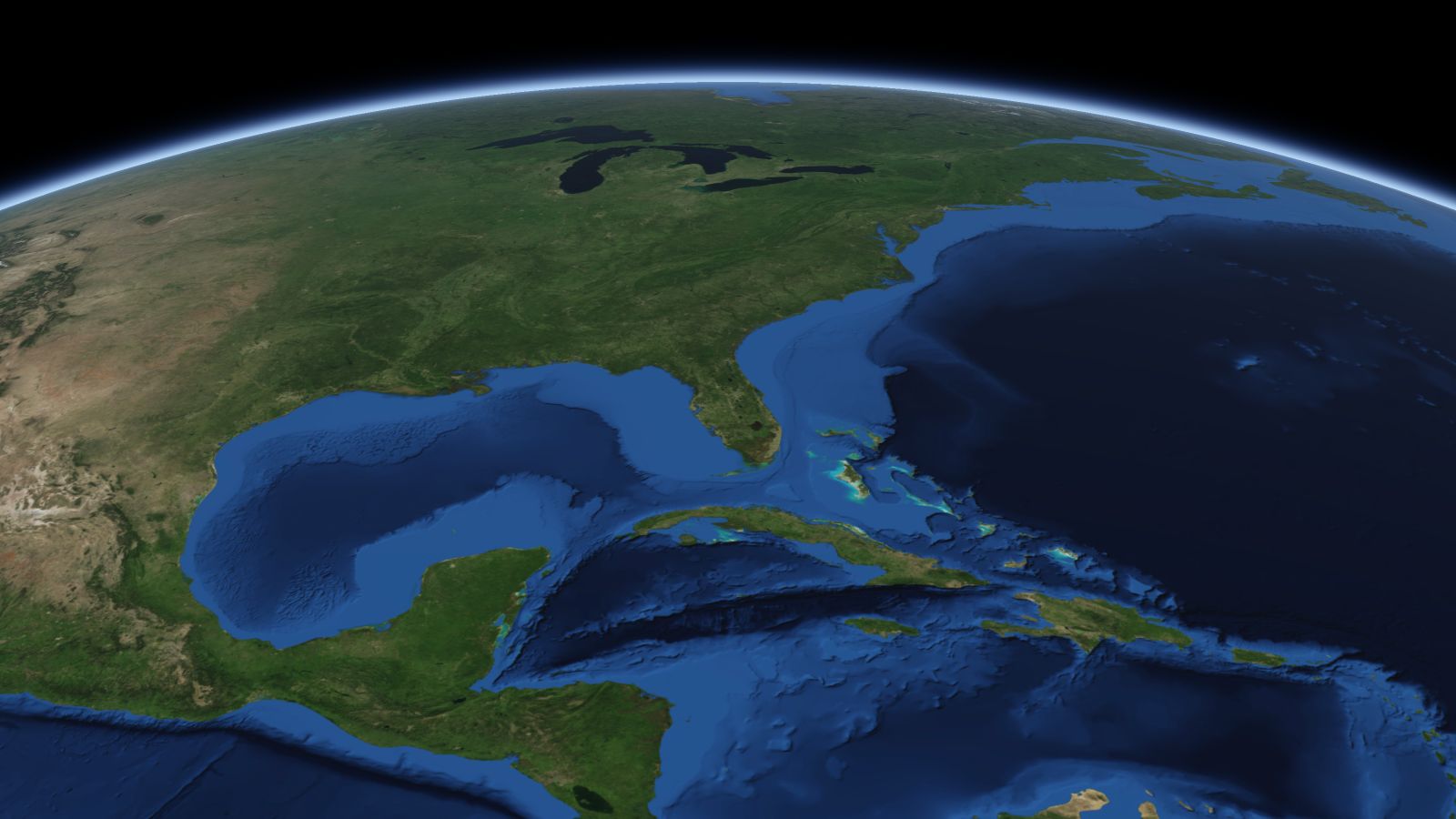 The curve of the Earth seen from orbit, with Jacksonville ringed in amber near the middle of the picture.