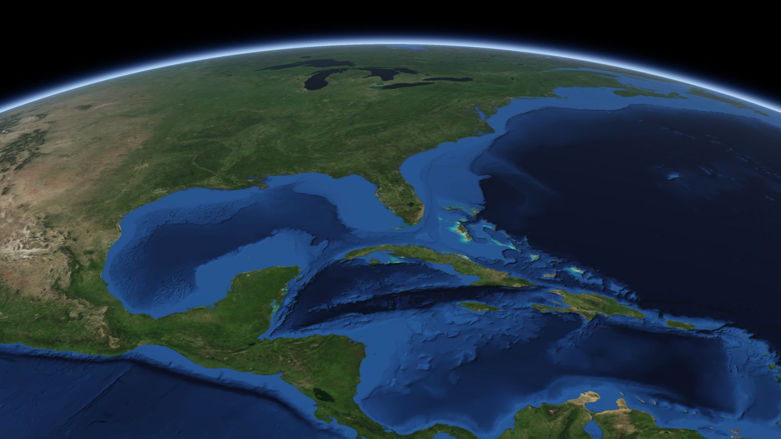 The curve of the Earth seen from orbit, with Lakeland ringed in amber near the middle of the picture.