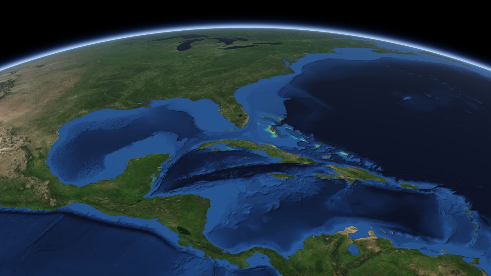 The curve of the Earth seen from orbit, with Miramar ringed in amber near the middle of the picture.