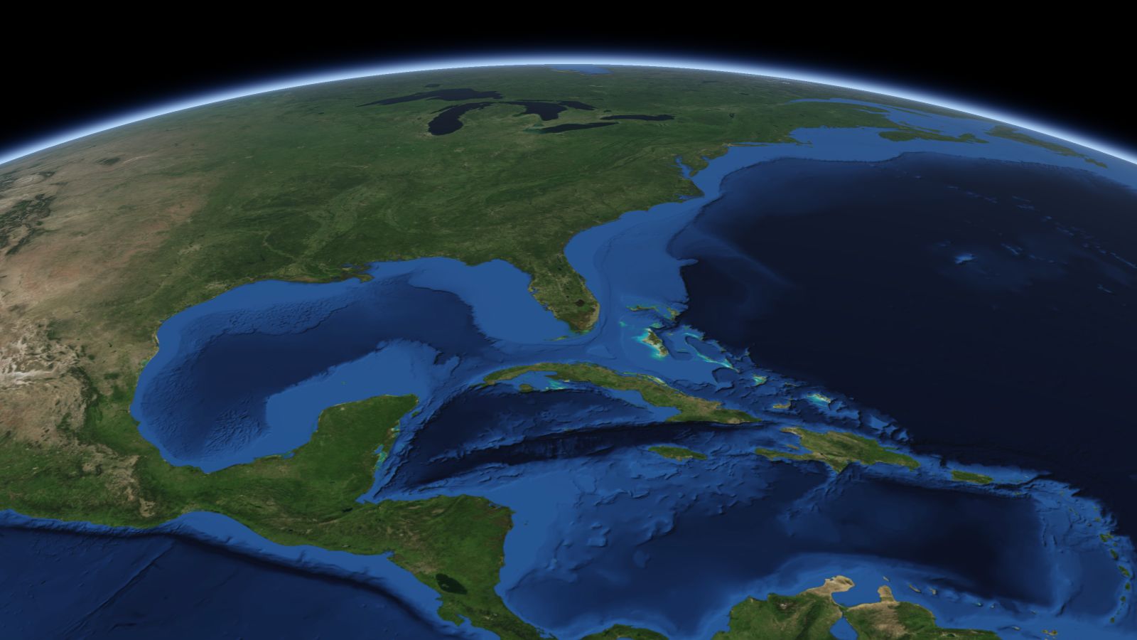 The curve of the Earth seen from orbit, with Orlando ringed in amber near the middle of the picture.