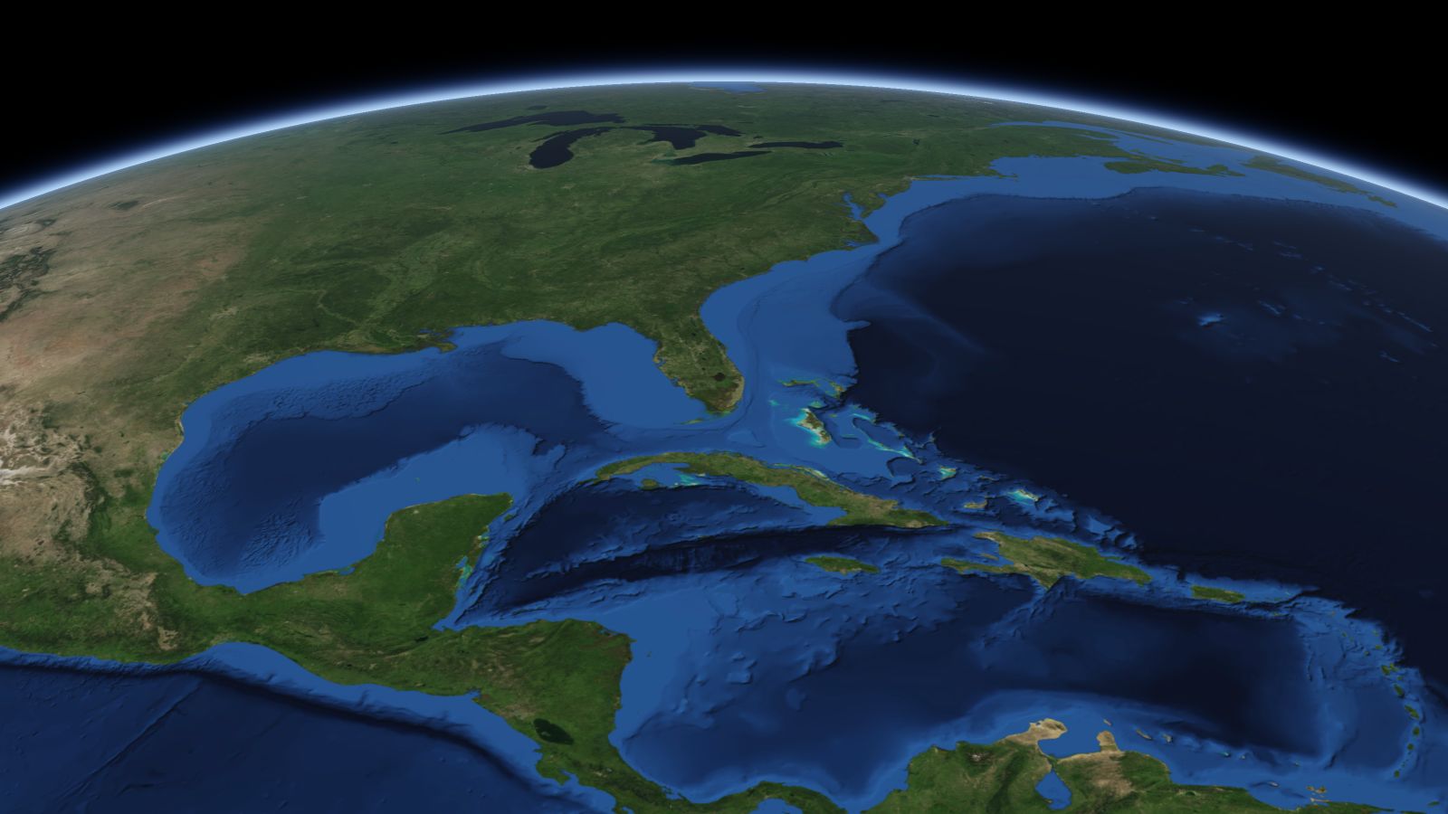 The curve of the Earth seen from orbit, with Palm Bay ringed in amber near the middle of the picture.