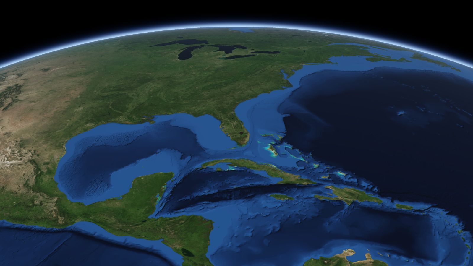 The curve of the Earth seen from orbit, with Palm Coast ringed in amber near the middle of the picture.