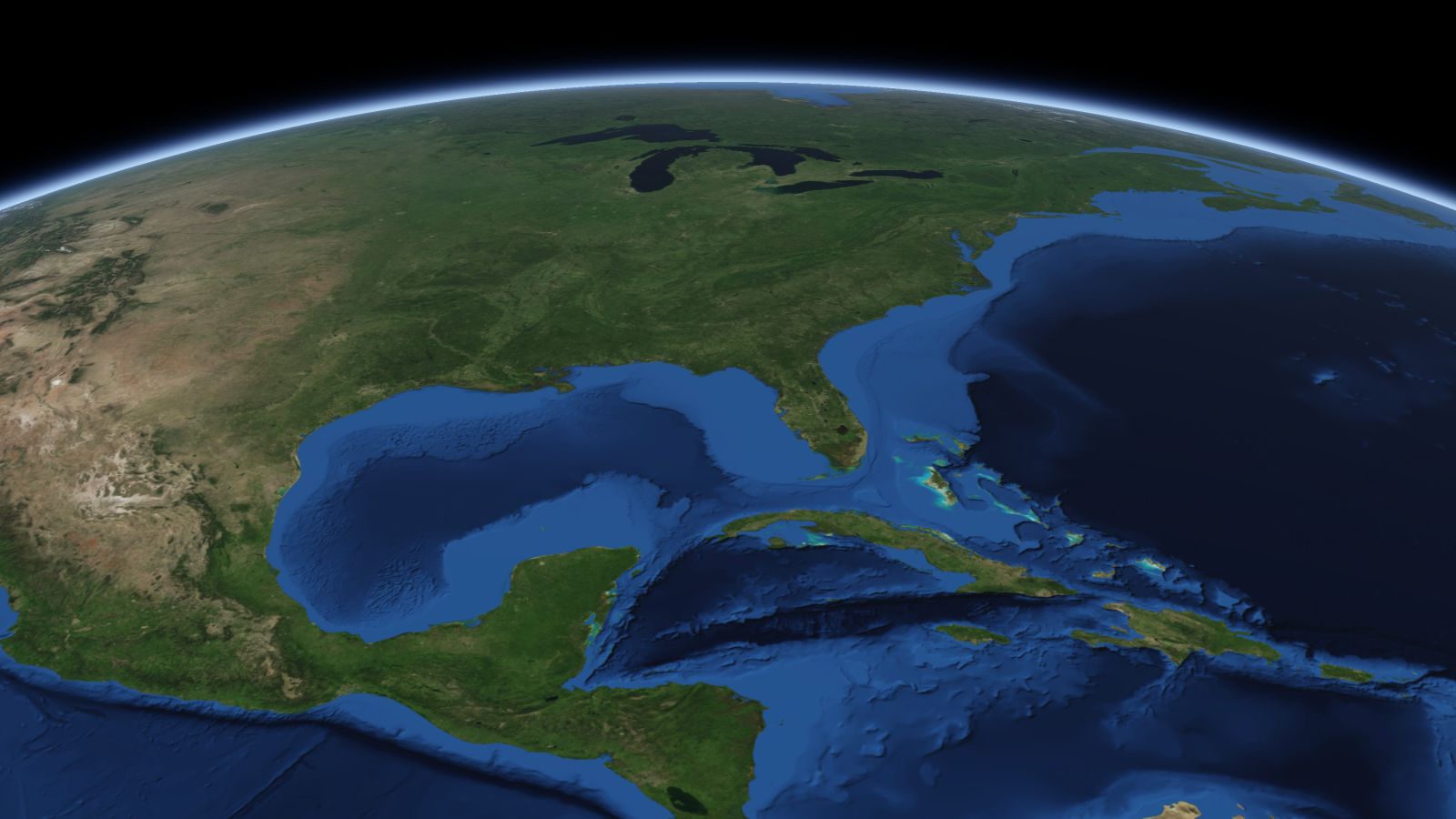 The curve of the Earth seen from orbit, with Tallahassee ringed in amber near the middle of the picture.