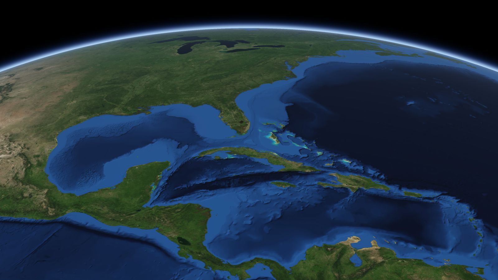 The curve of the Earth seen from orbit, with West Palm Beach ringed in amber near the middle of the picture.