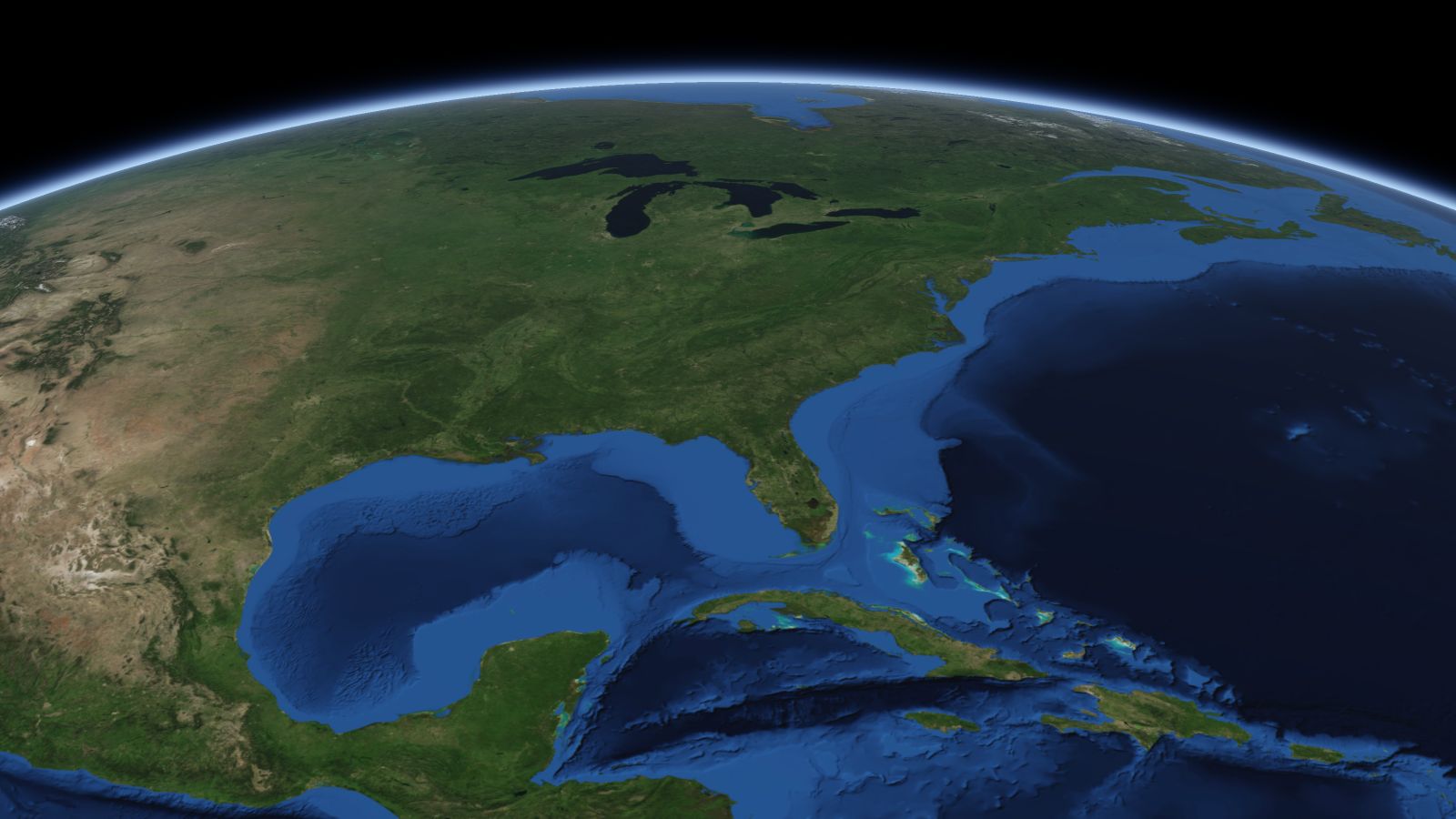The curve of the Earth seen from orbit, with Athens ringed in amber near the middle of the picture.