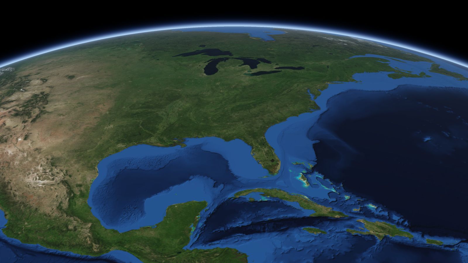 The curve of the Earth seen from orbit, with Atlanta ringed in amber near the middle of the picture.