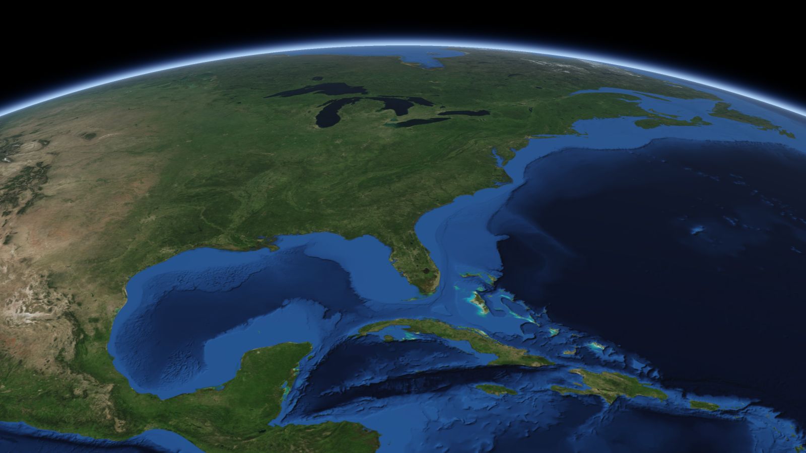 The curve of the Earth seen from orbit, with Augusta ringed in amber near the middle of the picture.
