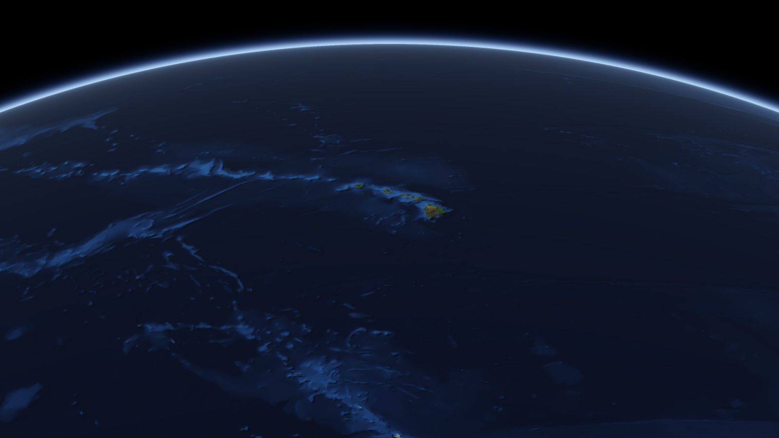 The curve of the Earth seen from orbit, with Honolulu ringed in amber near the middle of the picture.