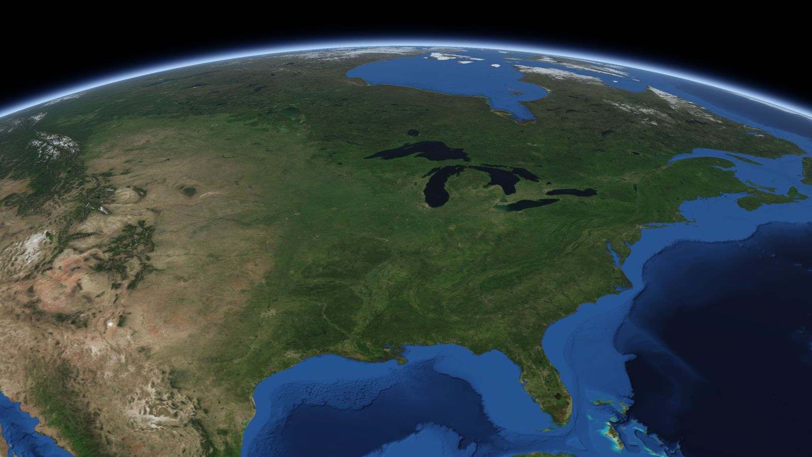 The curve of the Earth seen from orbit, with Rockford ringed in amber near the middle of the picture.