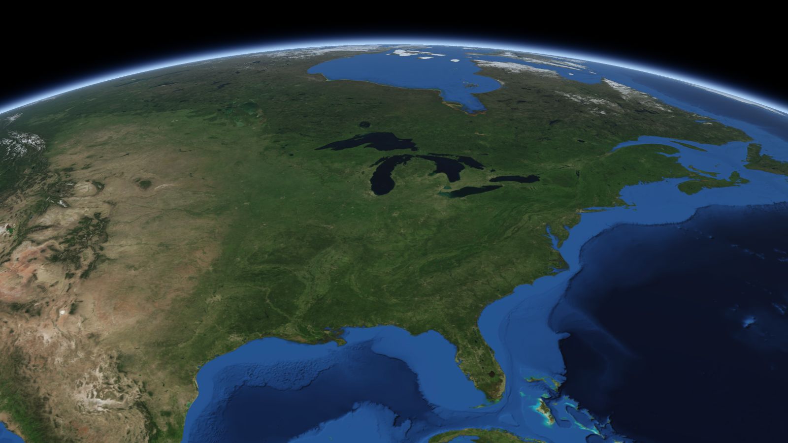The curve of the Earth seen from orbit, with South Bend ringed in amber near the middle of the picture.