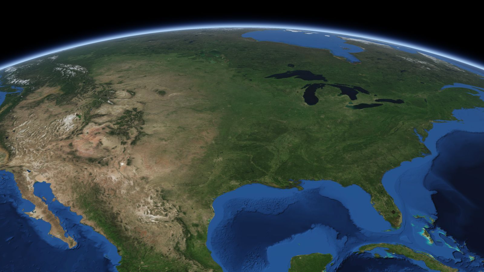 The curve of the Earth seen from orbit, with Overland Park ringed in amber near the middle of the picture.