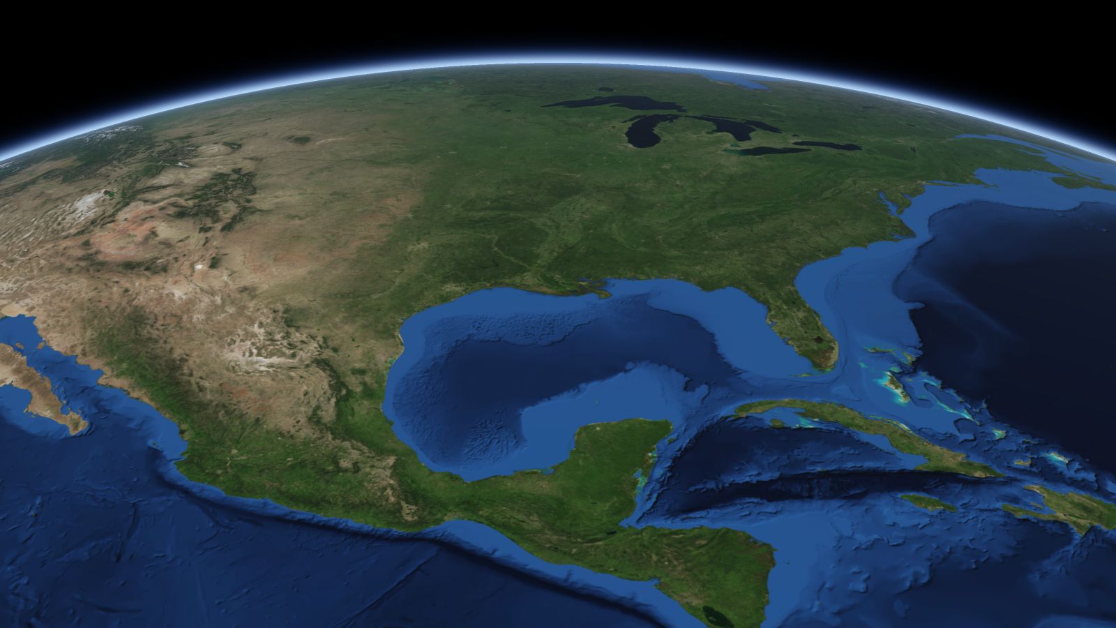 The curve of the Earth seen from orbit, with Baton Rouge ringed in amber near the middle of the picture.
