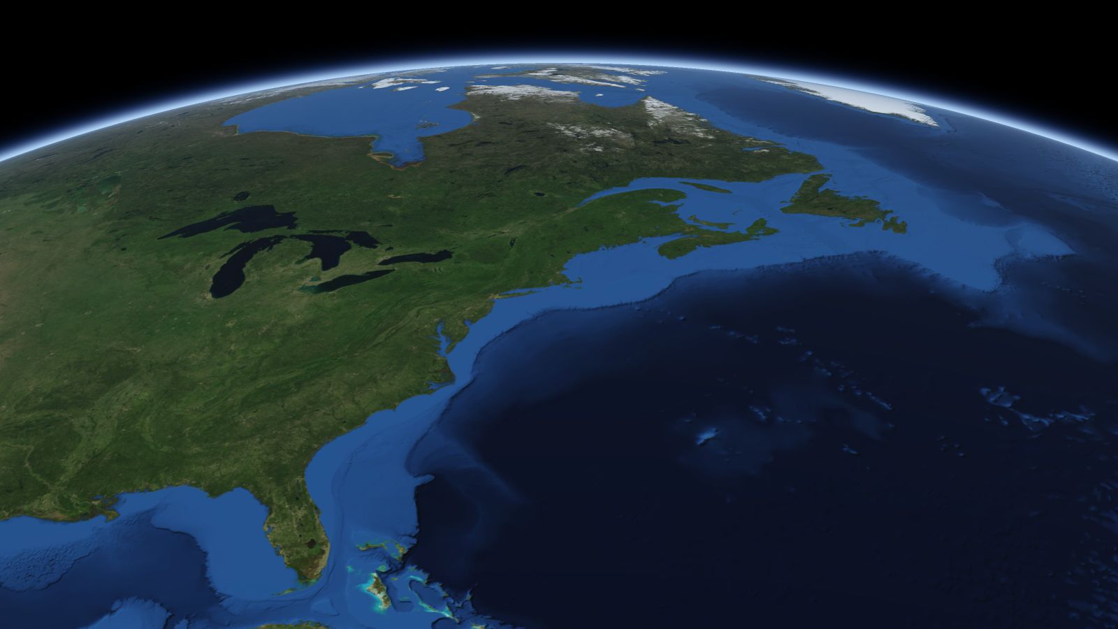 The curve of the Earth seen from orbit, with Brockton ringed in amber near the middle of the picture.