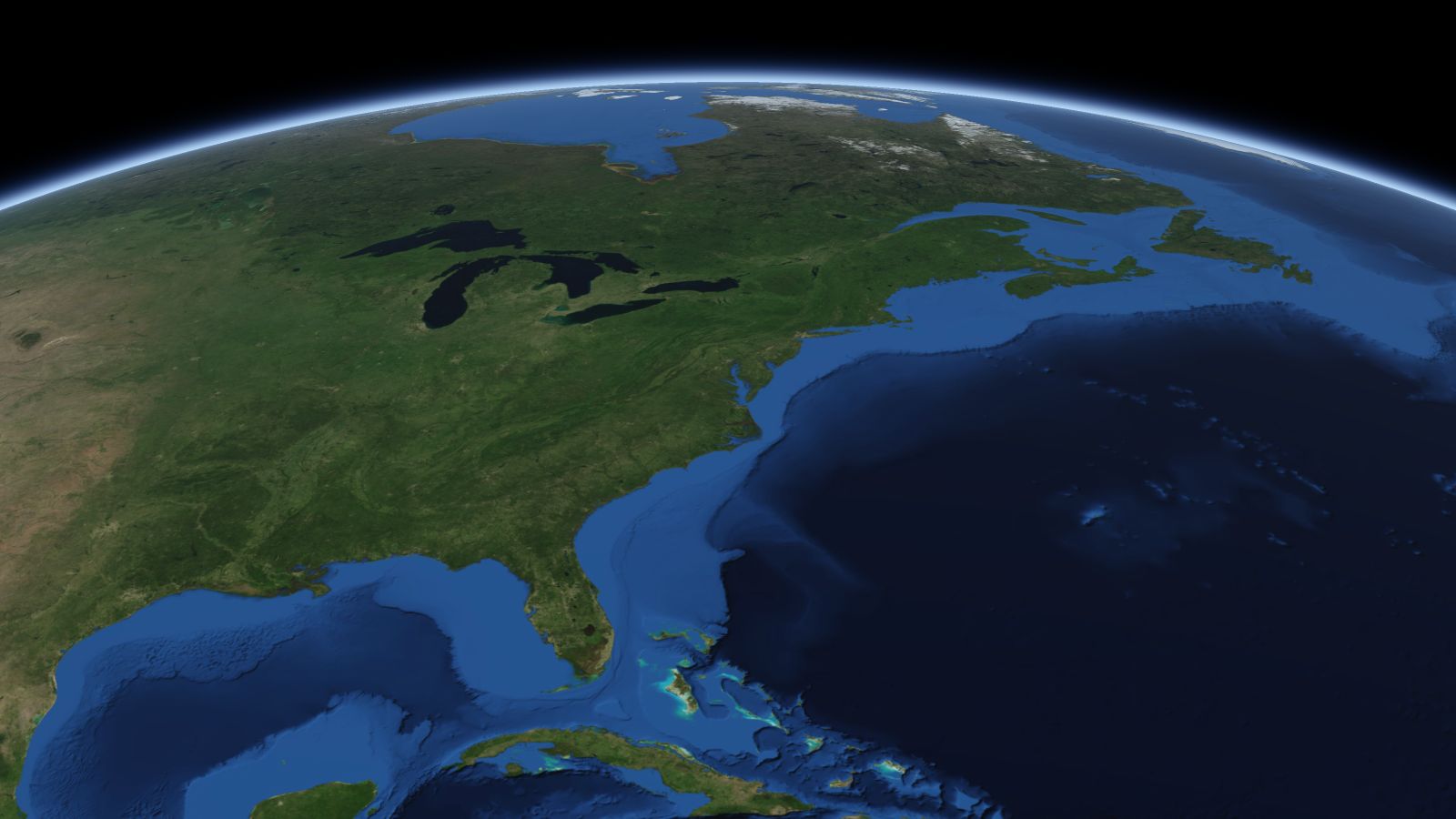 The curve of the Earth seen from orbit, with Baltimore ringed in amber near the middle of the picture.