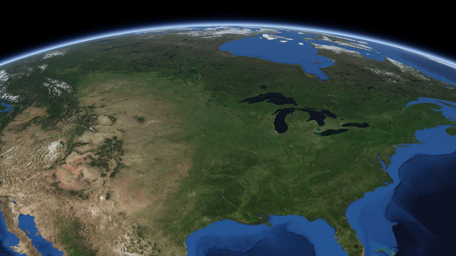 The curve of the Earth seen from orbit, with Minneapolis ringed in amber near the middle of the picture.