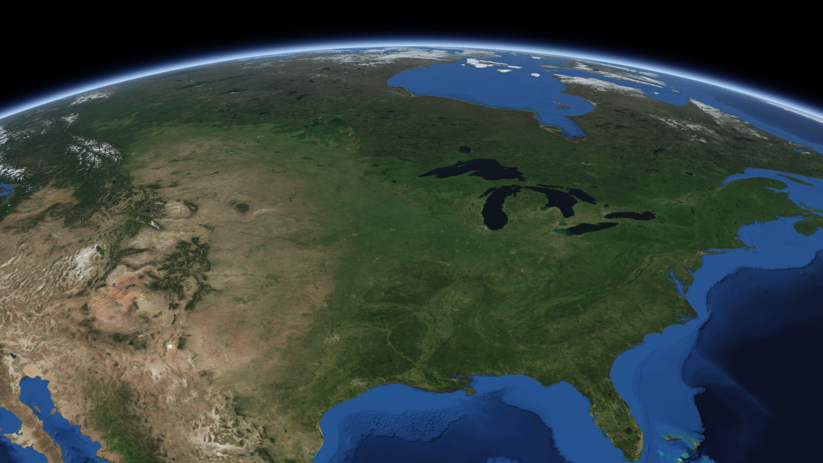The curve of the Earth seen from orbit, with Rochester ringed in amber near the middle of the picture.