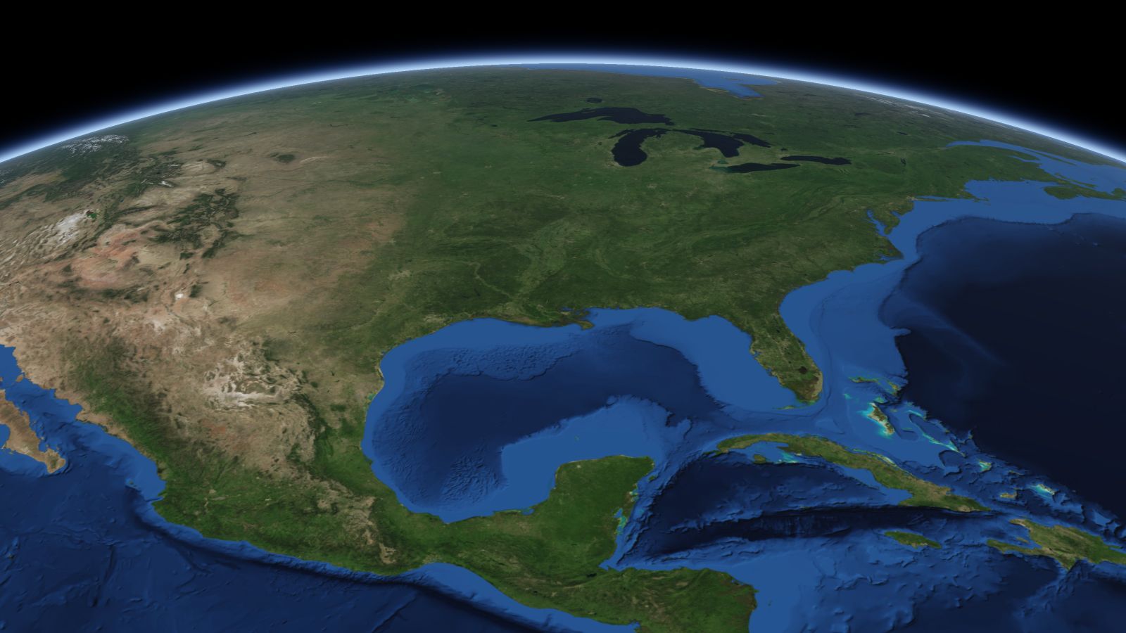 The curve of the Earth seen from orbit, with Jackson ringed in amber near the middle of the picture.